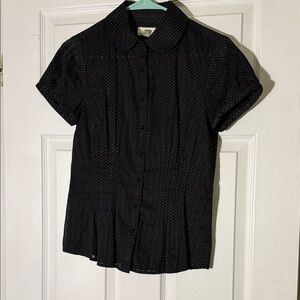 LOFT Black with White Microdot Short-Sleeve Button Blouse